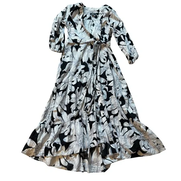 Anthropologie Maeve Puff Sleeve Midi Dress Belted Toe Waist Sz 12 - Picture 2 of 5